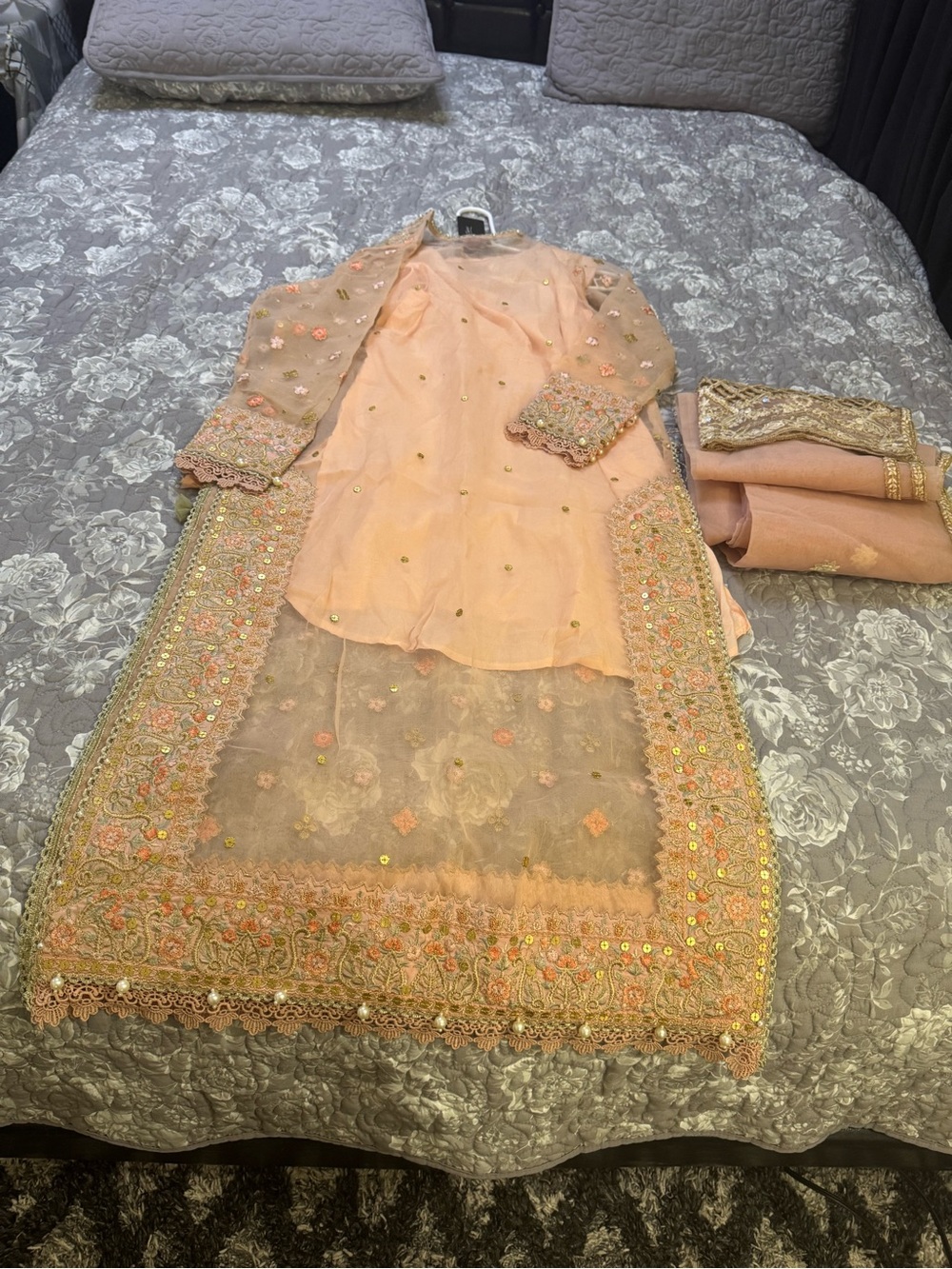 Embroidered Peach Women’s Dress with Scarf - Picture 6 of 8